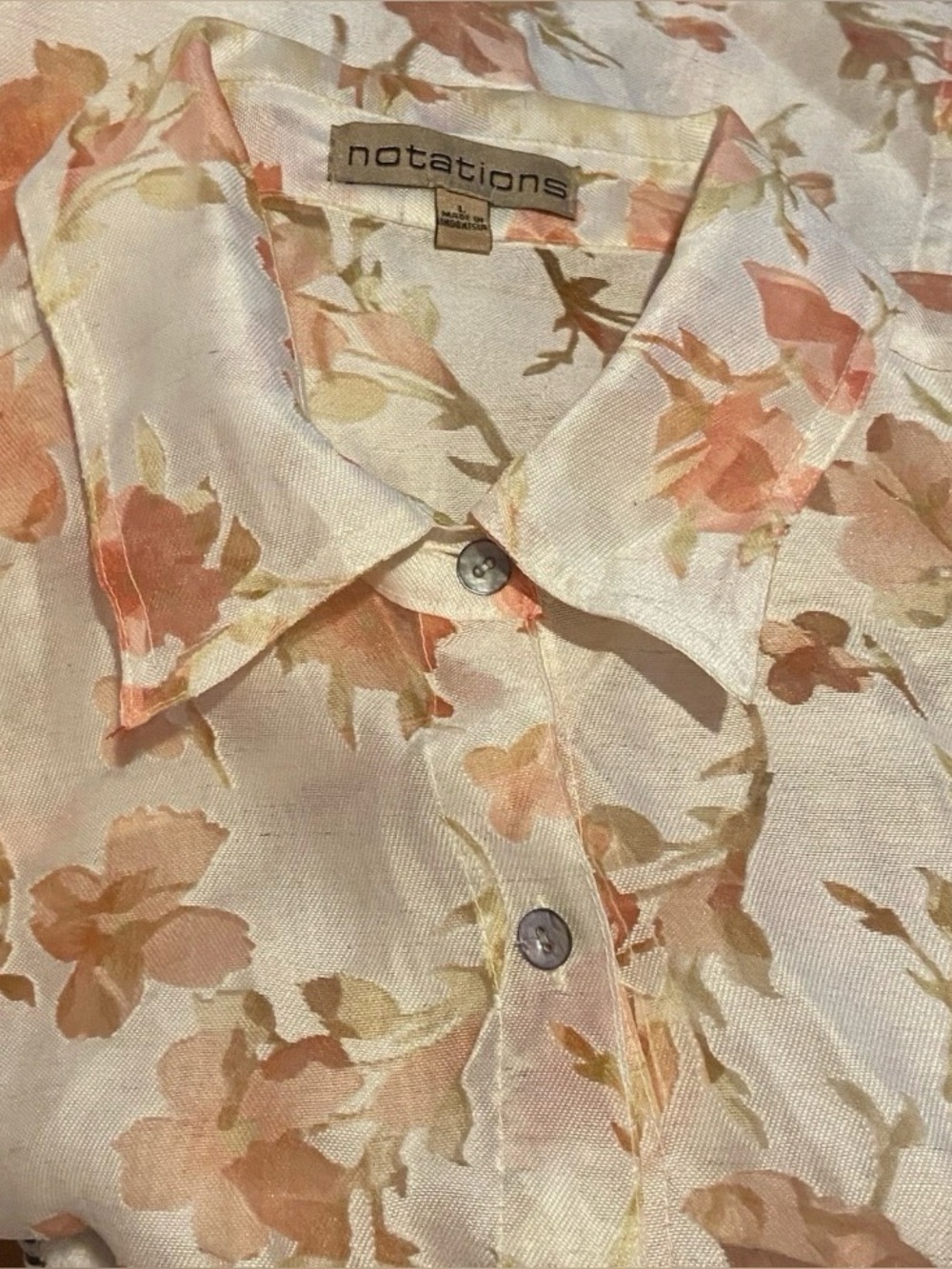 Vintage NOTATIONS Orange Floral Long Sleeve Cutout Semi-sheer Blouse Shirt Top L